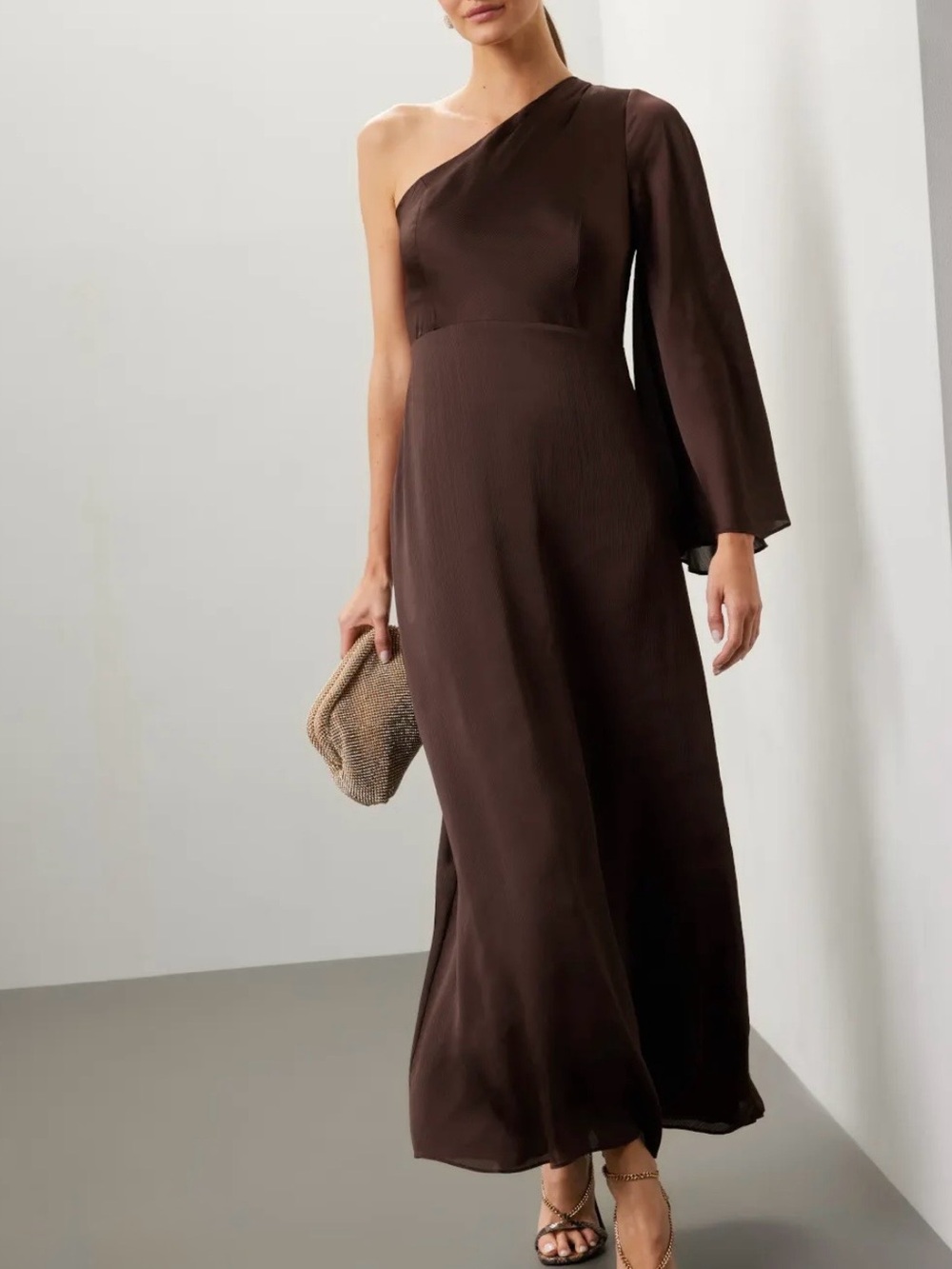 Sachin & Babi Keely One Shoulder Bell Sleeve Gown Chocolate Brown Size US 10